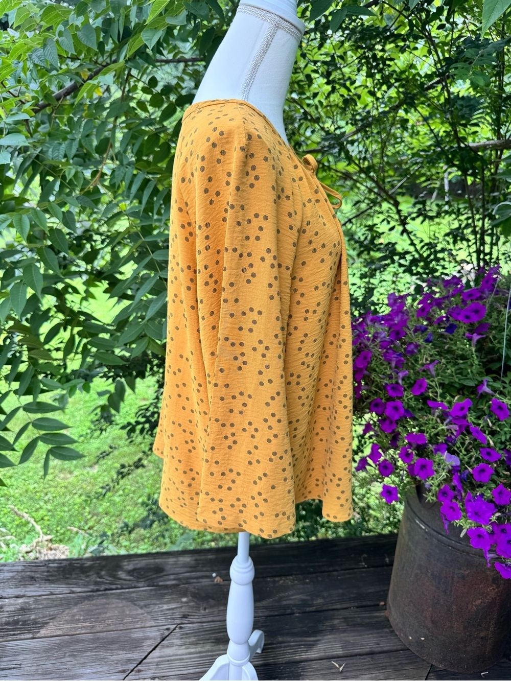 Mustard Polka Dot Tie Neck Peasant Blouse Large XL - Picture 4 of 6
